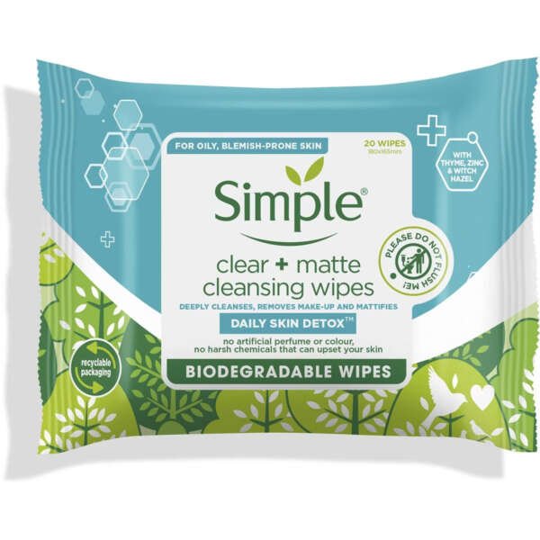 Simple Daily Skin Detox Clear+Matte Cleansing Wipes 20’s