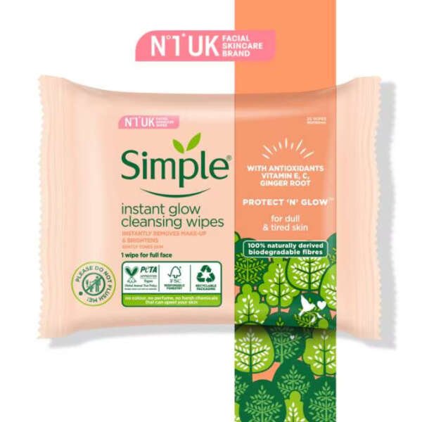 Simple Protect ‘N’ Instant Glow Cleansing Wipes 20’s