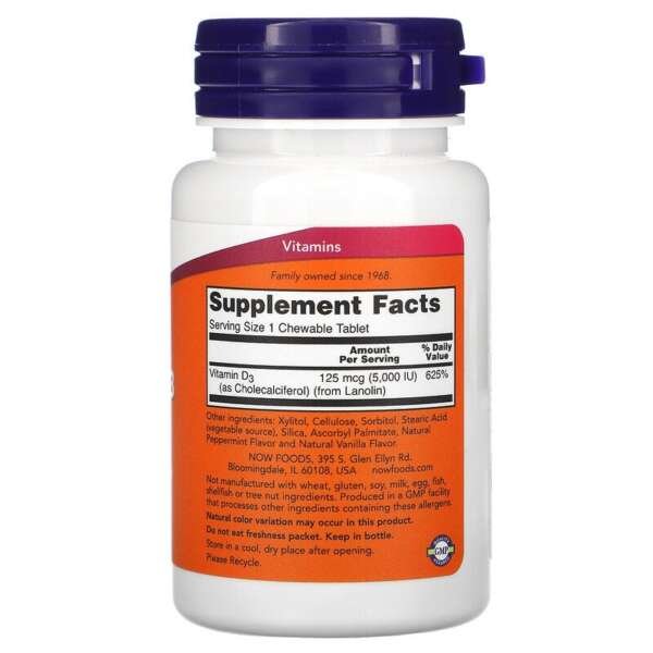 Now Foods, Chewable Vitamin D-3, Natural Mint, 5,000 IU, 120 Chewables - Image 2